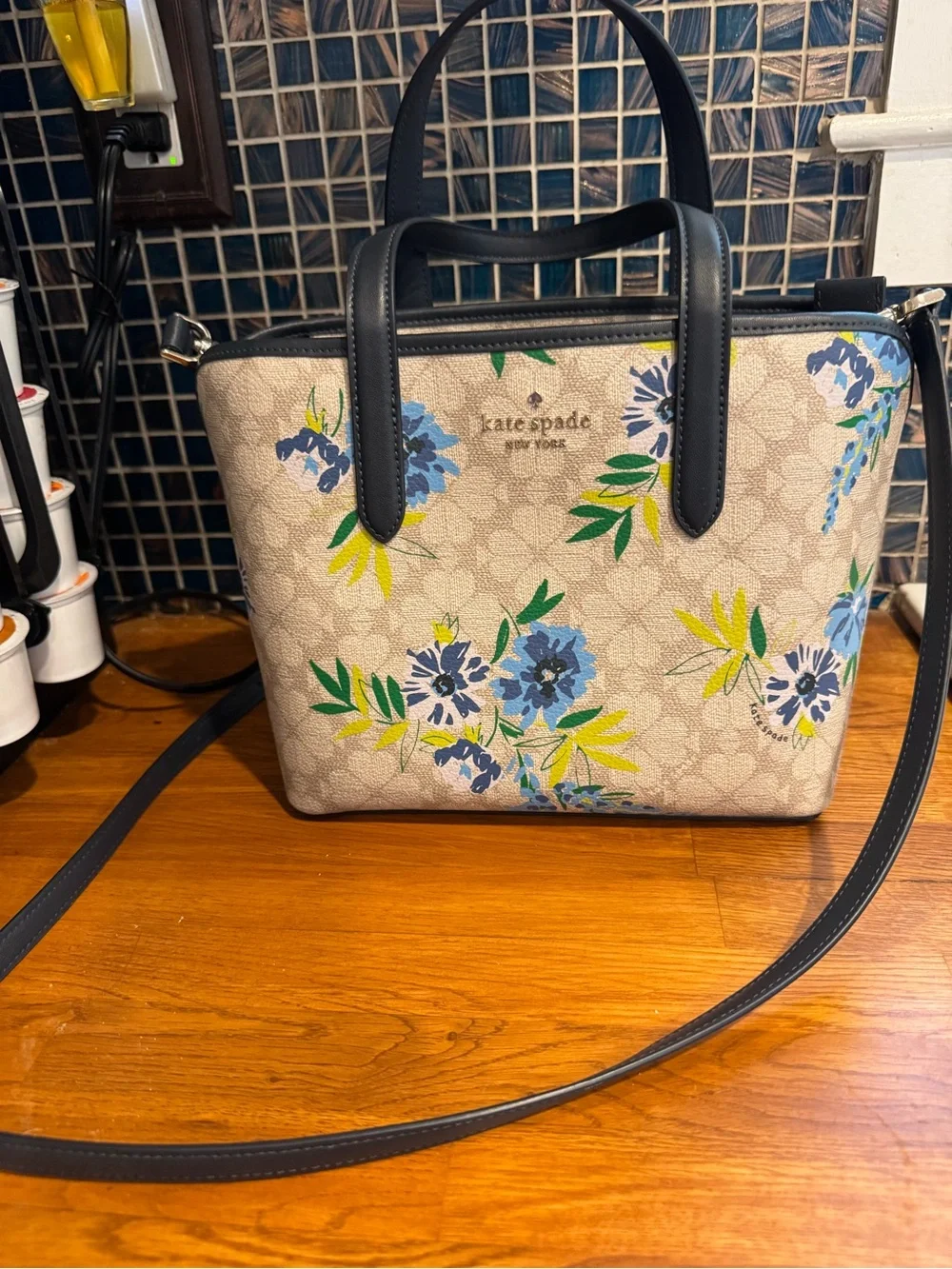 kate spade Cream Floral Satchel with Blue and Green Accents